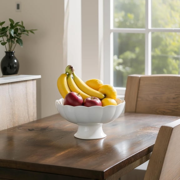 8 White Stoneware Scalloped Ruffle Bowl, Scalloped Edge Decorative Fruit Bowl for Kitchen Counter, Modern Flower Shaped Centerpiece Dish for Dining Table, Wedding Gift, Rustic Farmhouse Home Decor