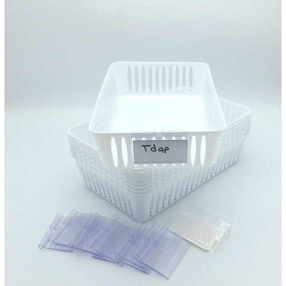8 White Storage Baskets 9.5" x 5.5" & 12 Label Holders, by Quality IZ (White)