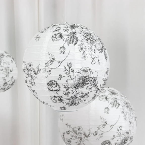 8 White with Black French Toile Floral Print Hanging Paper Lanterns Party Decorations