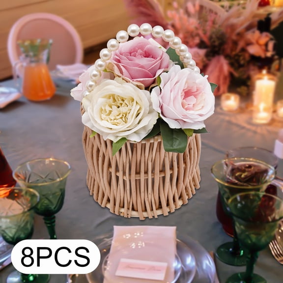 8* Wicker Wedding Flower Girl Baskets Rattan Flower Barrel Basket W/Pearl Handle