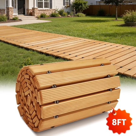 8' Wooden Garden Pathway, Outdoor Roll-Up Cedar Weather Resistant Straight Walkway, Decorative Wood Pavers for Patio, Beach, Wedding, Party & Yard Decor