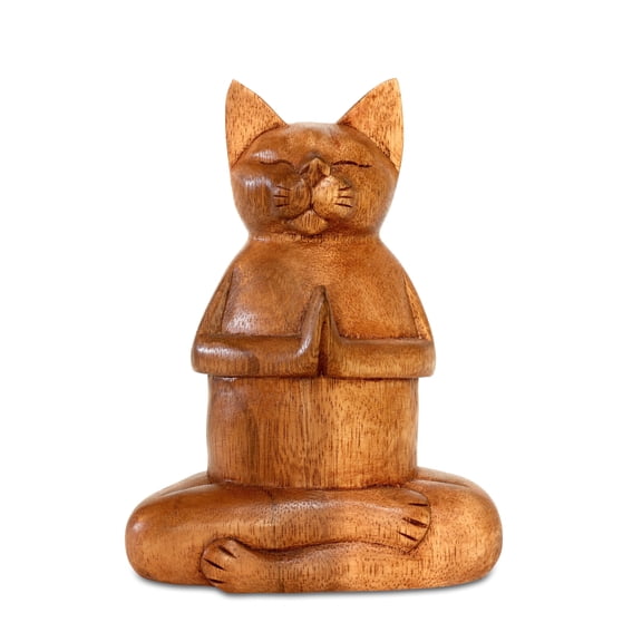 8" Wooden Handmade Hand Carved Yoga Fire Log Pose Cat Sculpture Statue Home Decor