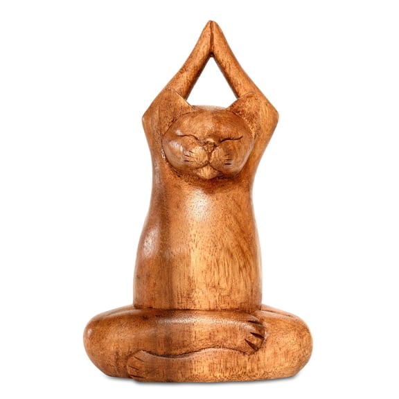 8" Wooden Handmade Hand Carved Yoga Lotus Pose Cat Sculpture Statue Home Decor