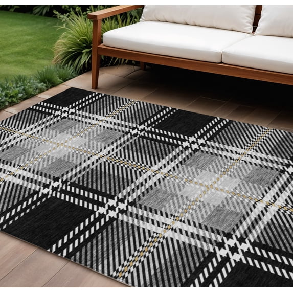 HomeRoots 596312 8 x 10 ft. Black, Gold & Gray Plaid Washable Indoor & Outdoor Rectangle Area Rug