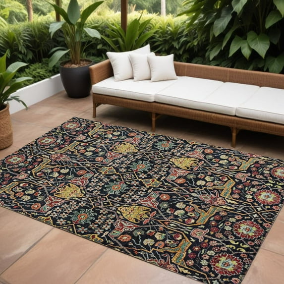 HomeRoots 604638 8 x 10 ft. Black, Red & Gold Floral Washable Indoor & Outdoor Rectangle Area Rug