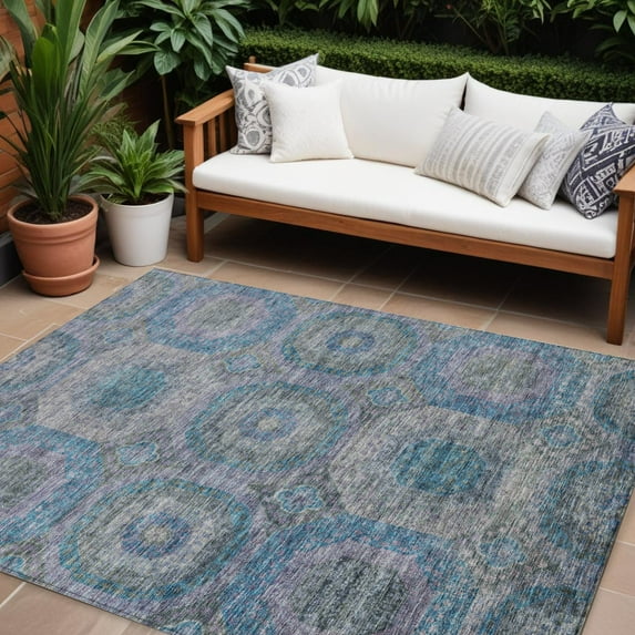 HomeRoots 606227 8 x 10 ft. Blue & Gray Geometric Washable Indoor & Outdoor Rectangle Area Rug