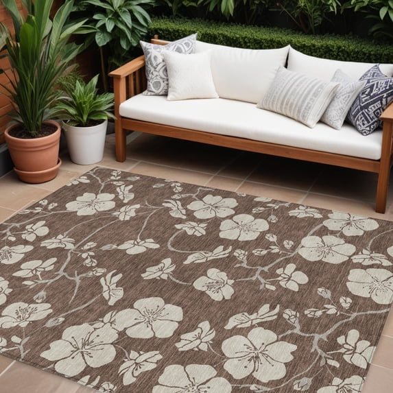 HomeRoots 599871 8 x 10 ft. Brown & Beige Floral Washable Indoor & Outdoor Rectangle Area Rug