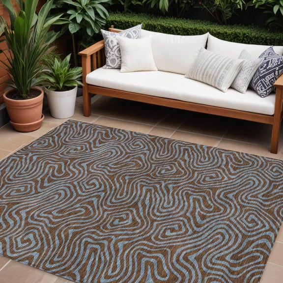 HomeRoots 599793 8 x 10 ft. Brown & Light Blue Abstract Washable Indoor & Outdoor Rectangle Area Rug