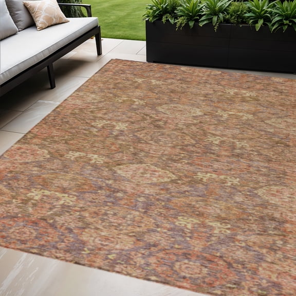 HomeRoots 603374 8 x 10 ft. Brown & Tan Damask Washable Indoor & Outdoor Rectangle Area Rug