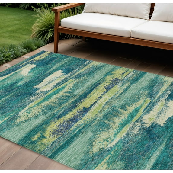 HomeRoots 612500 8 x 10 ft. Emerald & Lime Green Abstract Washable Indoor & Outdoor Rectangle Area Rug