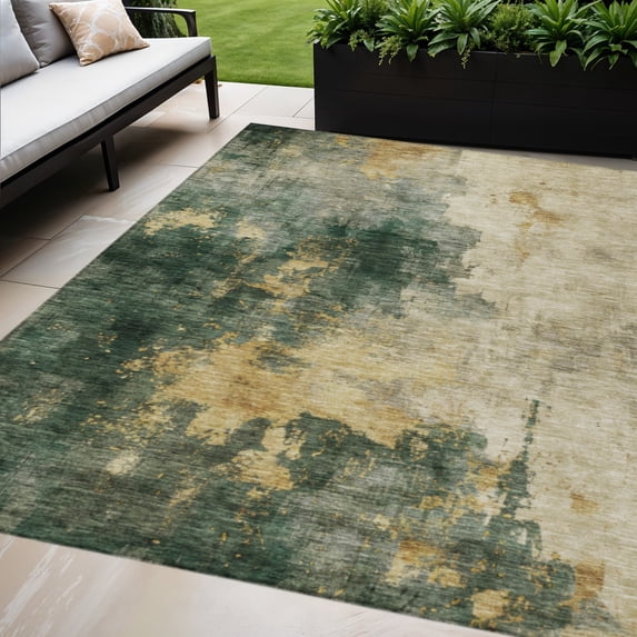 HomeRoots 603056 8 x 10 ft. Fern Green & Gold Abstract Washable Indoor & Outdoor Rectangle Area Rug