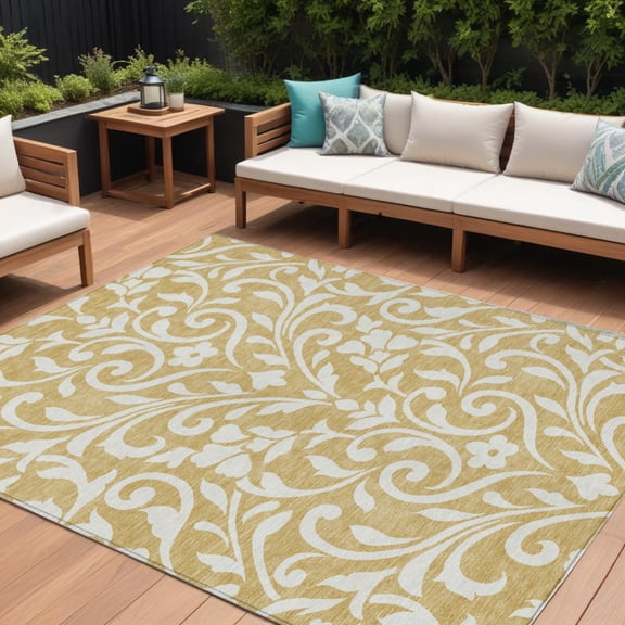 HomeRoots 591438 8 x 10 ft. Gold & Beige Floral Washable Indoor & Outdoor Rectangle Area Rug