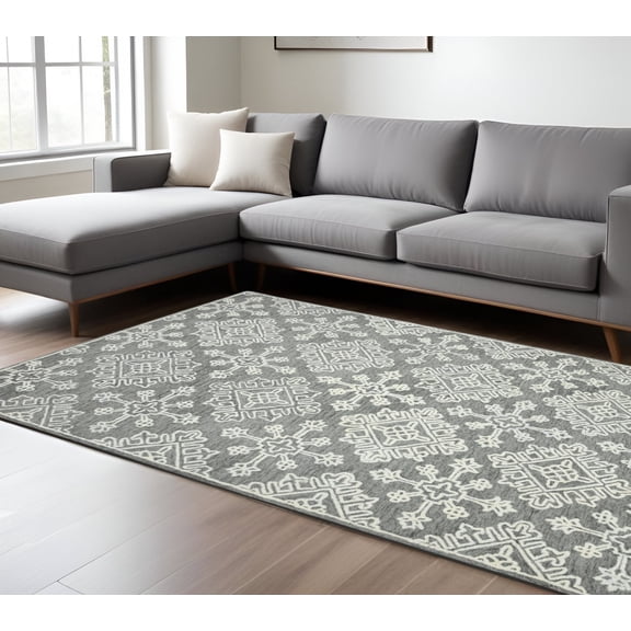 8' X 10' Gray And Ivory Wool Oriental Hand Hooked Area Rug