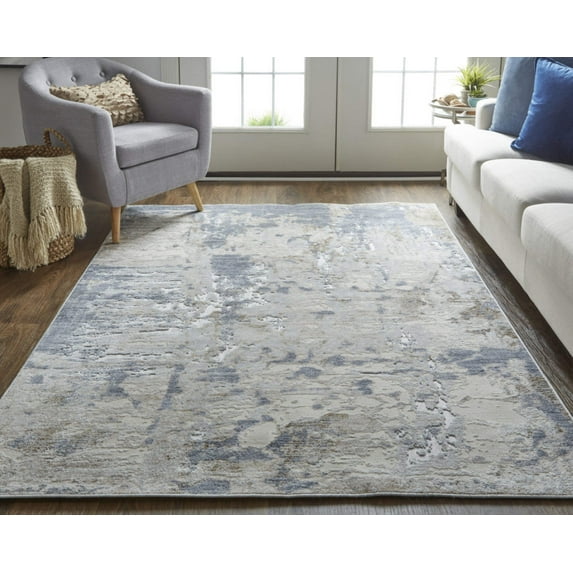 8' X 10' Ivory Gray and Blue Abstract Power Loom Worn Faded Area Rug