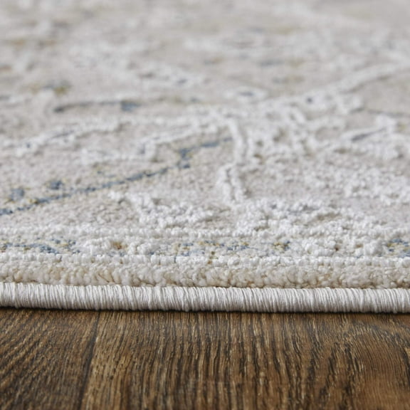 8' X 10' Ivory Taupe and Blue Abstract Power Loom Worn Faded Area Rug With Fringe