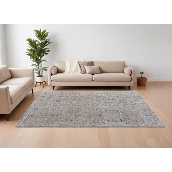 8' X 10' Ivory Taupe and Blue Abstract Power Loom Worn Faded Area Rug With Fringe