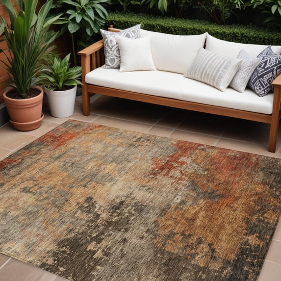 HomeRoots 606137 8 x 10 ft. Khaki, Brown & Copper Abstract Washable Indoor & Outdoor Rectangle Area Rug