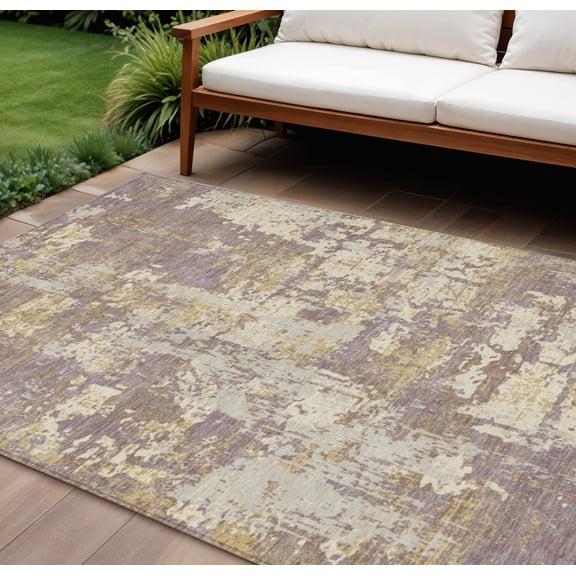 8' X 10' Lavender Gold And Beige Abstract Washable Indoor Outdoor Area Rug