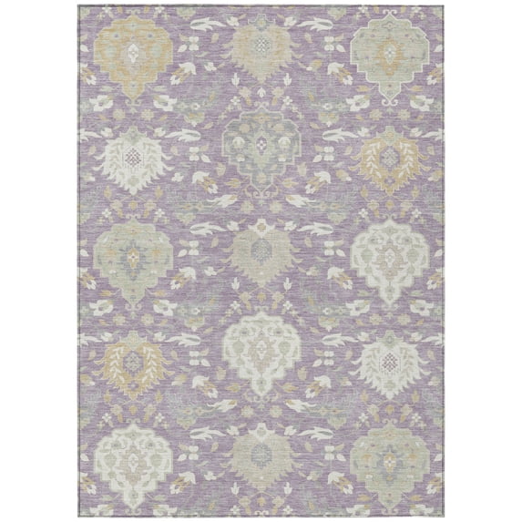 HomeRoots 599433 8 x 10 ft. Lavender, Gold & Green Damask Washable Indoor & Outdoor Traditional Rectangle Area Rug