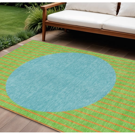 HomeRoots 597178 8 x 10 ft. Lime Green & Blue Striped Washable Indoor & Outdoor Rectangle Area Rug