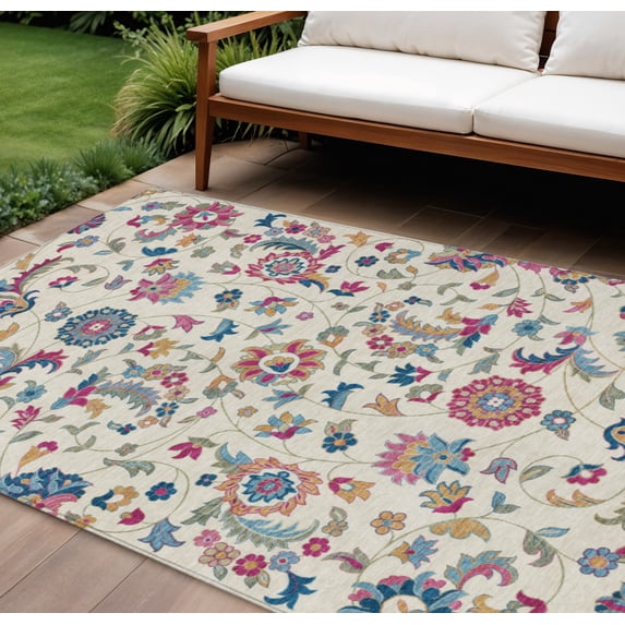 8' X 10' Linen Pink And Denim Blue Floral Washable Indoor Outdoor Area Rug