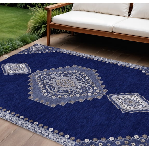 HomeRoots 598427 8 x 10 ft. Navy Blue, Gray & Brown Oriental Washable Indoor & Outdoor Rectangle Traditional Area Rug