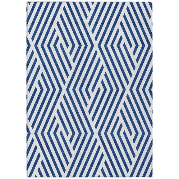 8' X 10' Navy and White Geometric Washable Non Skid Indoor Outdoor Area Rug