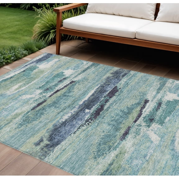 HomeRoots 612482 8 x 10 ft. Sage, Teal Blue & Navy Blue Abstract Washable Indoor & Outdoor Rectangle Area Rug