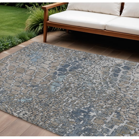 8' X 10' Silver Blue And Brown Abstract Washable Indoor Outdoor Area Rug