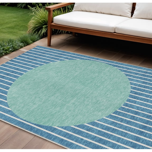 HomeRoots 597202 8 x 10 ft. Teal Blue & Aqua Striped Washable Indoor & Outdoor Rectangle Area Rug