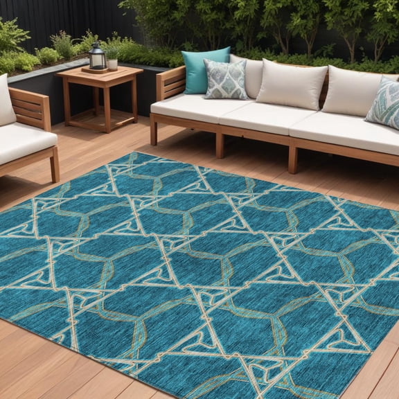 HomeRoots 613527 8 x 10 ft. Teal Blue & Beige Geometric Washable Indoor & Outdoor Rectangle Area Rug