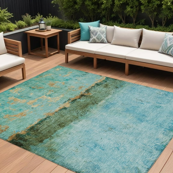 8' X 10' Teal Blue And Gold Abstract Washable Indoor Outdoor Area Rug