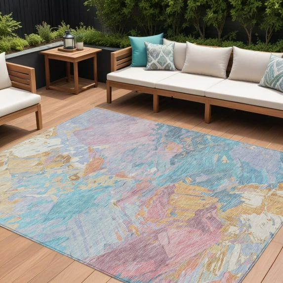 HomeRoots 618559 8 x 10 ft. Teal Blue, Gold & Pink Abstract Washable Indoor & Outdoor Rectangle Area Rug