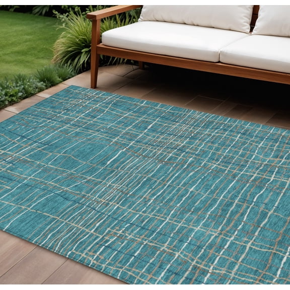 HomeRoots 597436 8 x 10 ft. Teal Blue, Gray & Brown Striped Washable Indoor & Outdoor Rectangle Area Rug