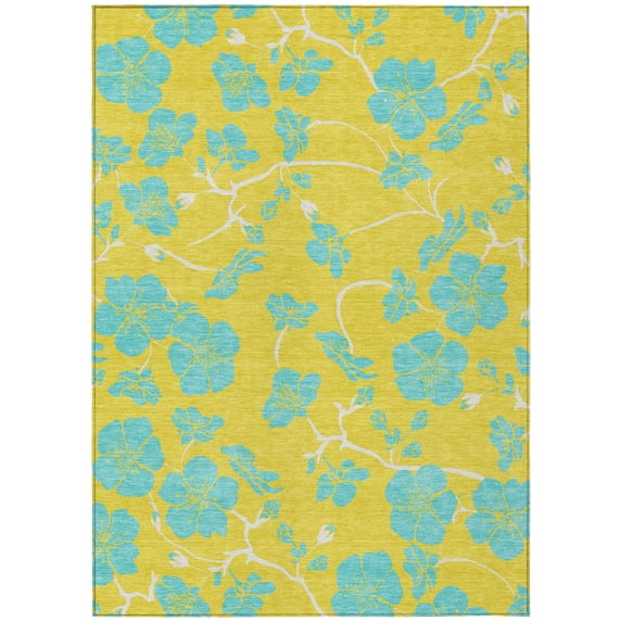 HomeRoots 600057 8 x 10 ft. Yellow & Aqua Floral Washable Indoor & Outdoor Rectangle Area Rug