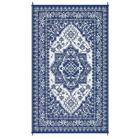 8 X 10 ft Plastic Dark Blue White Rectangular Beach Front Porches Patio Picnic RV Camping Garage Flower Persian Area Rug
