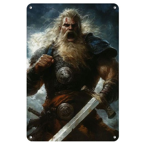 8" X 12" Metal Tin Sign Wall Art - The Norse God Hovers in Mid-Air Over a Ruined City, Roaring Defiantly Towards an Unseen Threat, His Power Radiating Outwards in a Dramatic Display.