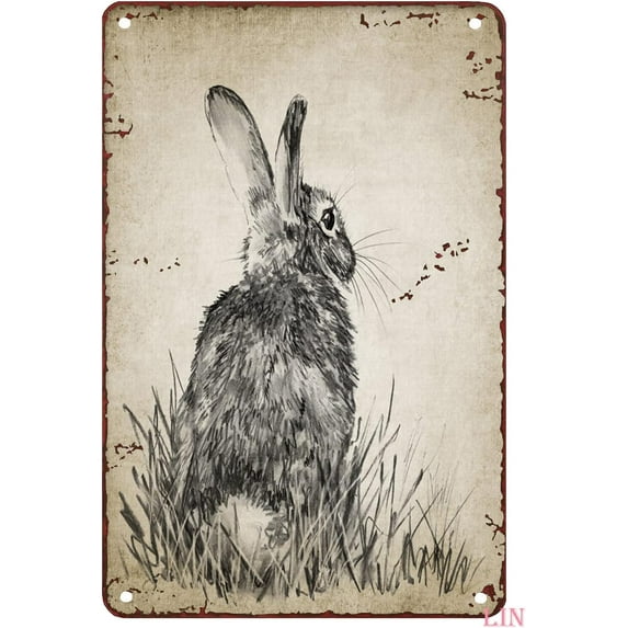 8"X 12" Vintage Tin Signs: Rabbit Drawing Printable Bunny Art - Cute Nursery Wall Decor