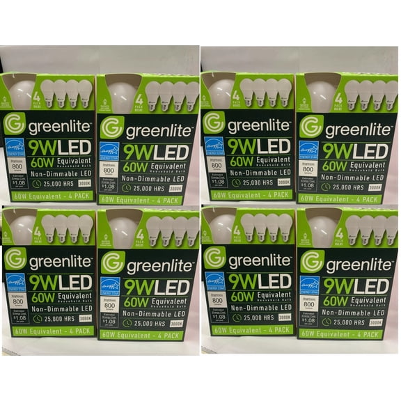8 X 4Pack Greenlite 9W LED 60W non-Dimmable 25,000 Hours Energy Star Light Bulbs