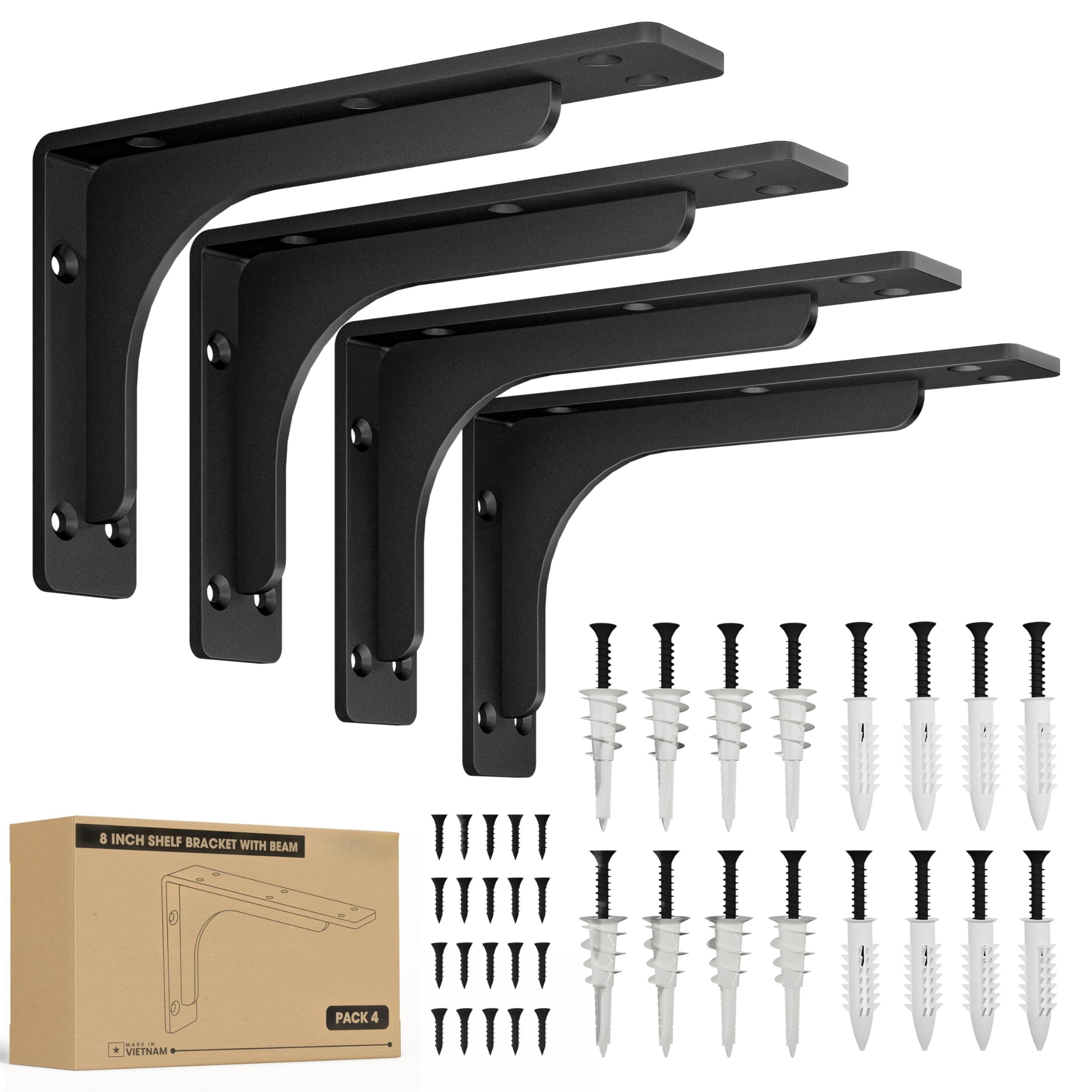 8" X 5" L Bracket With Beam - Shelf Brackets Black 300 Lbs Capacity Heavy Duty Shelving For Floating Shelves Wall Mounted Support Diy Mounting Hardware Included (pack 4)