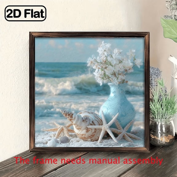 8 X 8 Wooden Frame Beach Scene Decoration- Modern Coastal Art with Shells, Starfish, and Waves- Suitable for Living Room, Kitchen, Bathroom Multi-Functional Home Decoration- Perfect Gift