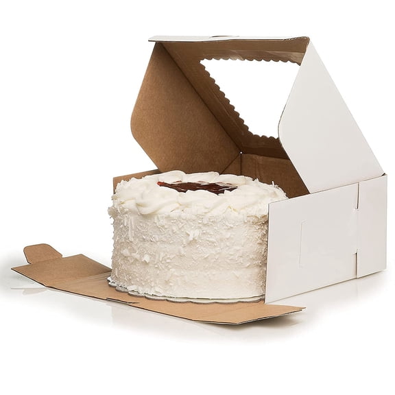 8" X 8" X 4" Corrugated Fiberboard Glossy White Cake Box with Scalloped Window & 8" Cake Boards (Pack of 10 – Front Loading)