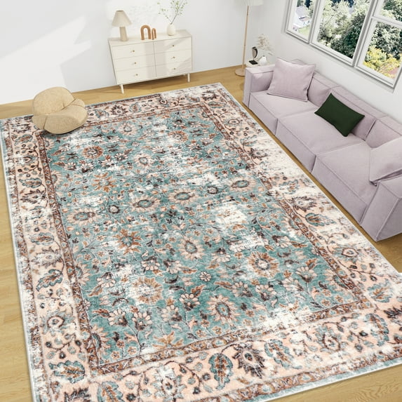 8'X10' Area Rugs for Living Room, Machine Washable Non Slip Vintage Retro Rugs, Low Pile Lightweight Chenille Print Rug for Bedroom, Dining Room, Home Office, Light Taupe Brown(H款)