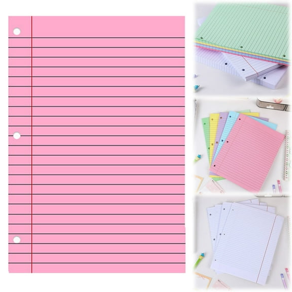 8"X11" Colored Lined Loose Leaf Paper, 3-Hole Punched Filler Paper for 3-Ring Binder (Pink)