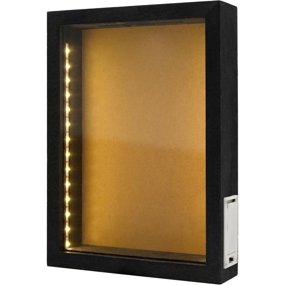 8"X11" Rustic Black Wood Shadow Box with Lights,LED-lit Display case for Wine Corks, Tickets, and Creative Exhibits,Artistic Presentations