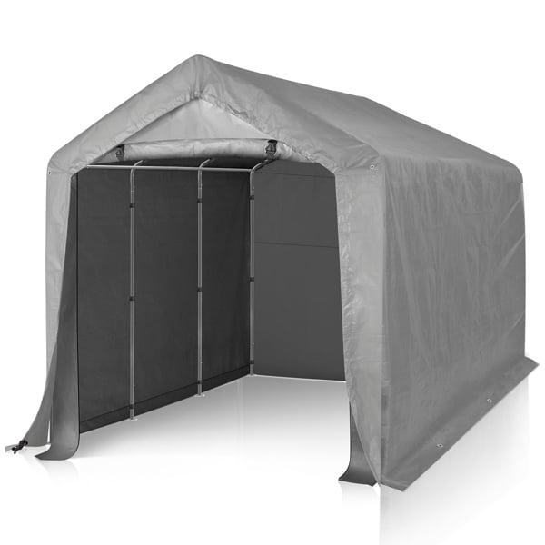 8'X12' Gray Outdoor Storage Shelter Shed  PE Fabric Carport with Removable Sidewalls, 6 Ground Bars, 23 Stakes & Wind Ropes - for Trucks, Boats, ATVs, and Garden Tools