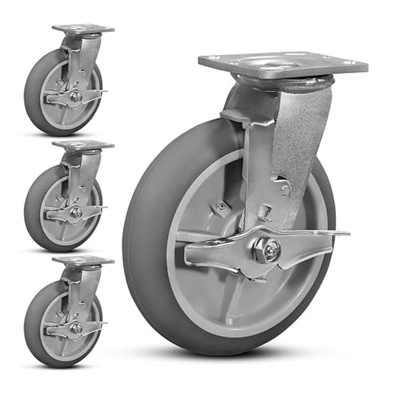 8"X2" Heavy Duty Casters, Crowned Thermoplastic Rubber Wheels, 2400lbs Capacity, Set of 4, Industrial Casters for Drywall/Sheetrock Carts & Dollies, Secure Maneuverability, 4 Brake