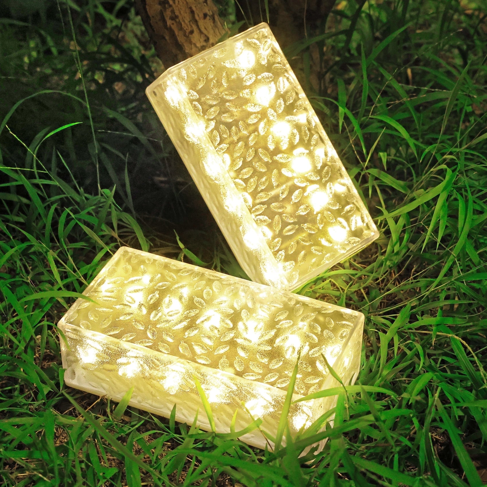 8"X4" Solar Brick Lights, 2 Pack Outdoor Solar Lights, Pavers Lights,Solar Pathway Lights Outdoor Waterproof for Garden Courtyard Pathway, Ice Rock Cube Lights (Warm White)