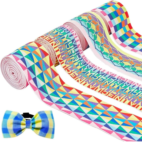 8 Yards 4 Styles Sewing Elastic Bands Nylon Elastic Ribbon 2 inch Wide Square/Triangular/Letter/Cube Pattern Elastic Band Colorful Soft Elastic Trim for Dress Waistband Wig Bands for DIY