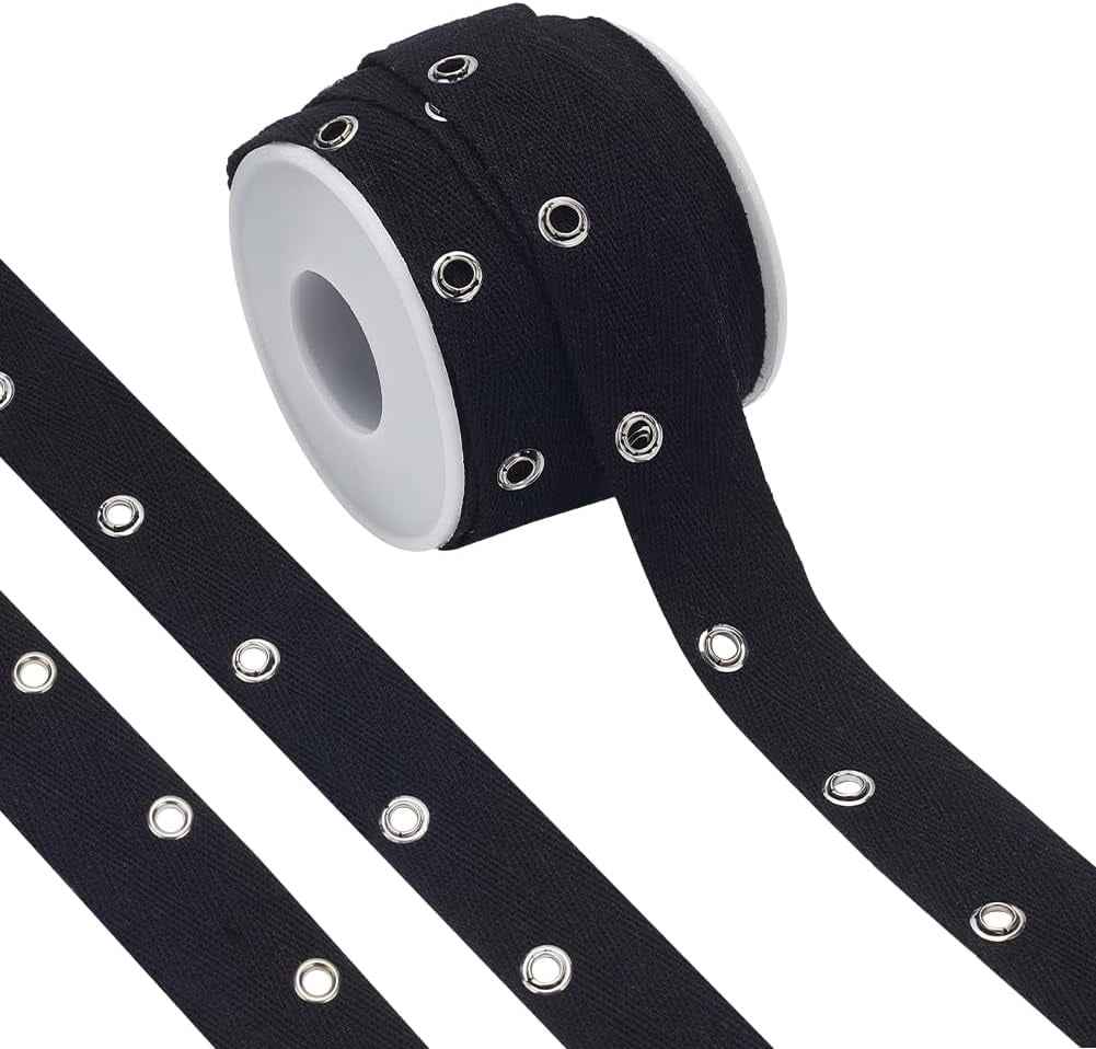 8 Yards Black Cotton Grommet Eyelet Twill Tape 1 inch Wide Metal Eyelet